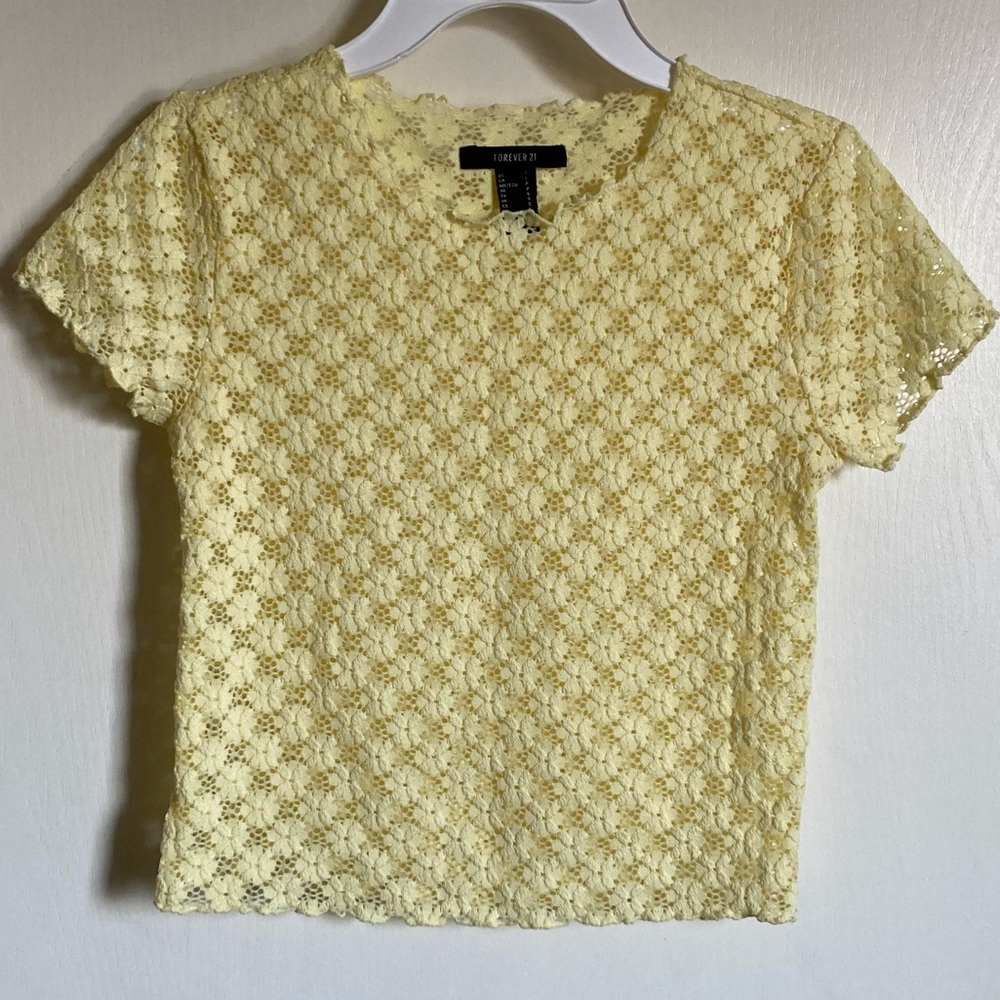 *Forever 21 Yellow Floral Lace Cropped Short Sleeve Small Blouse Shirt #RW